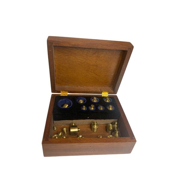 Vintage Lot of 28 Jewelers Weights in Wooden Box Apothecary Medical A - Picture 1 of 7
